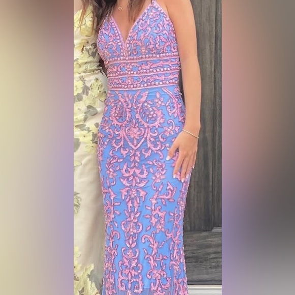 Sherri Hill Dresses & Skirts - Sherri Hill Blue Dress with Pink Embroidery